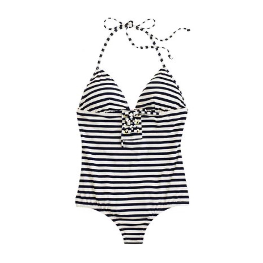 J Crew Navy & Ivory Sailor Stripe Lace Up Swimsuit